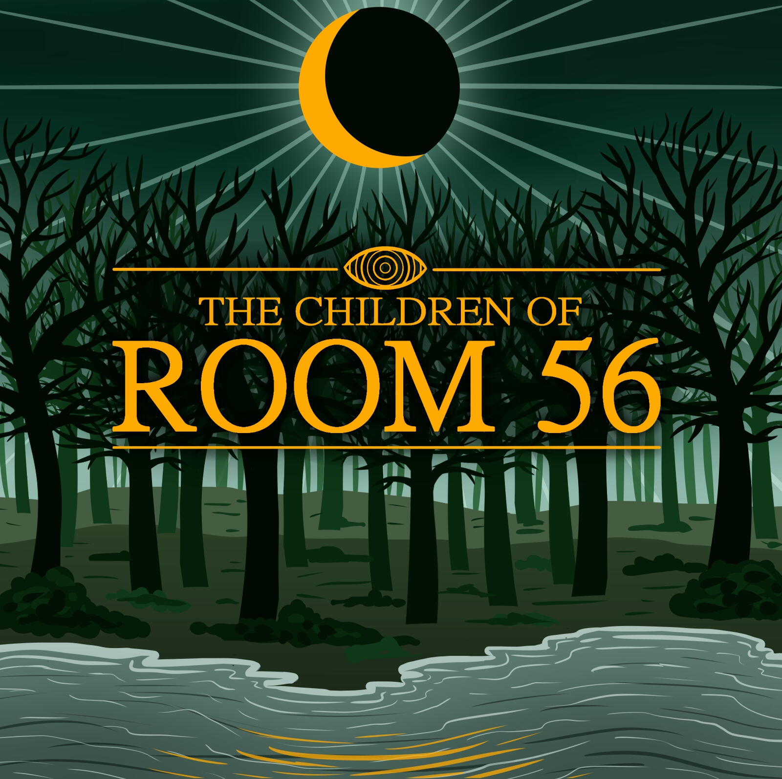 A digital drawing in mostly green. It pictures a shadowy forest next to a lake. There is a yellow crescent moon in the sky, reflecting in the water below. In the centre, in yellow lettering it reads: "THE CHILDREN OF ROOM 56." Above the title is a yellow e