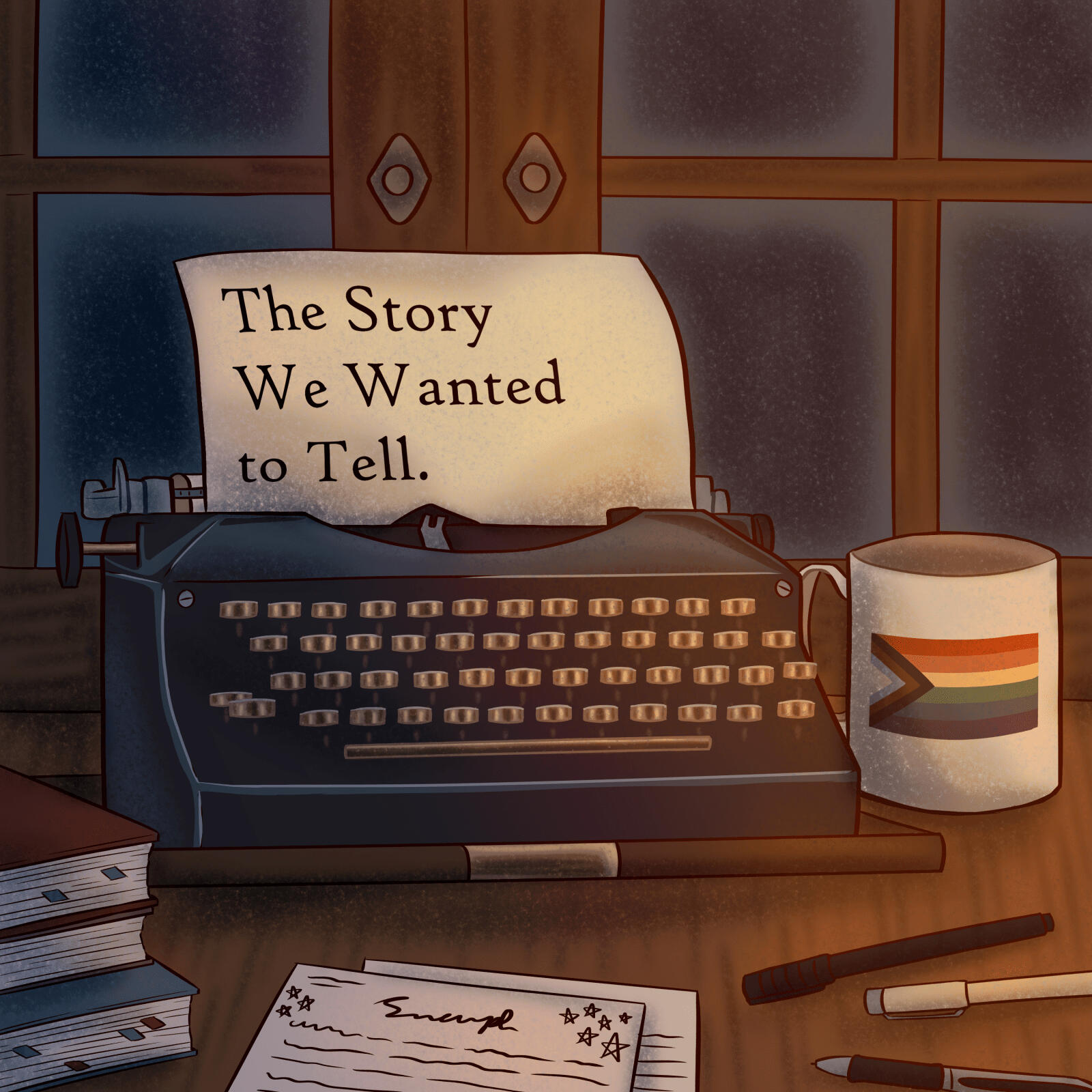 A typewriter on a desk against a window. The paper in the typewriter reads "The Story We Wanted to Tell." There is a white mug with the progress pride flag on it to the right, along with a number of pens. There is a stack of paper in front of the typewrite