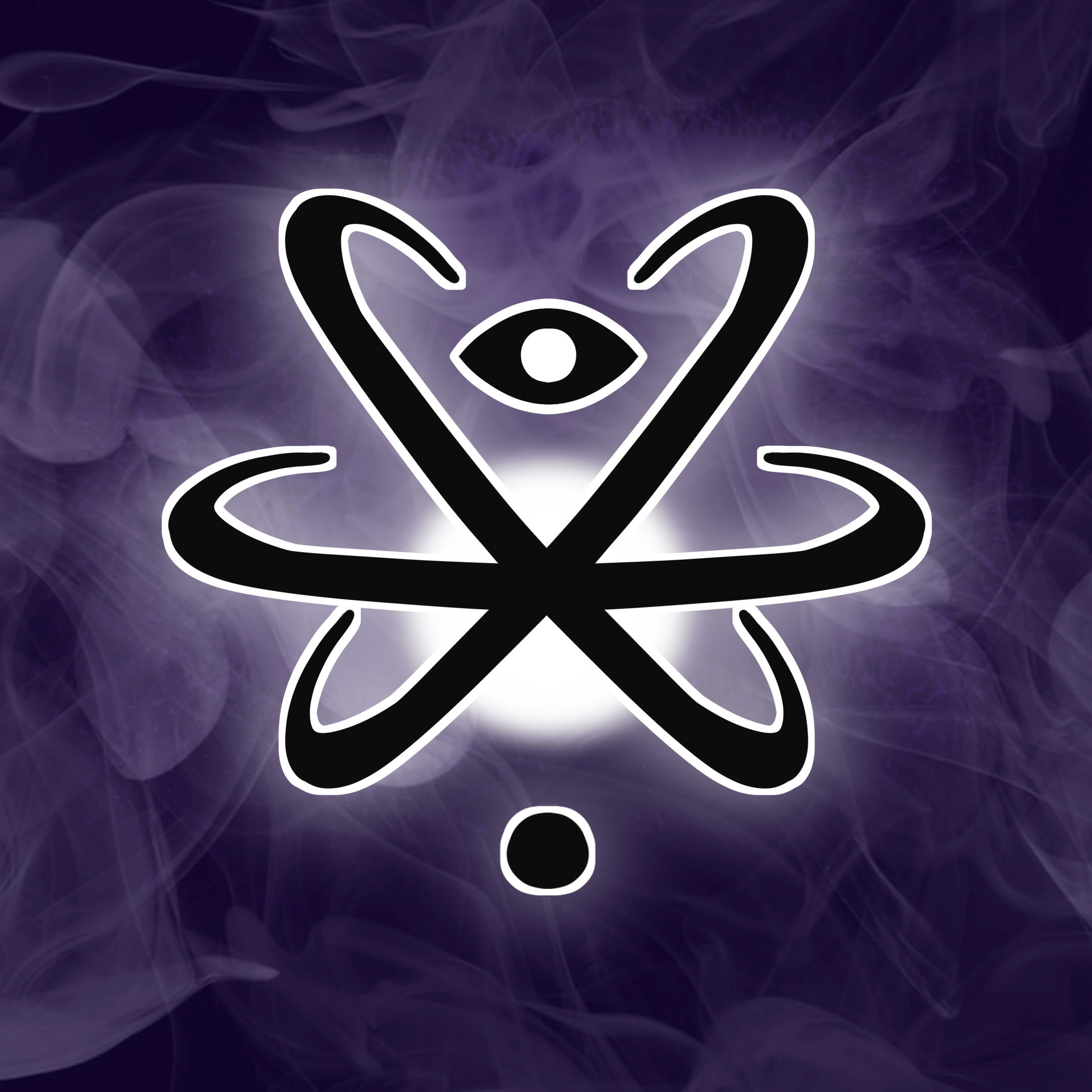 A smoky purple background. A black and white figure is superimposed on top of it. It features a central orb of white light, with three interlocking rings surrounding it. A dark spot sits below this, and an eye with a white pupil above.