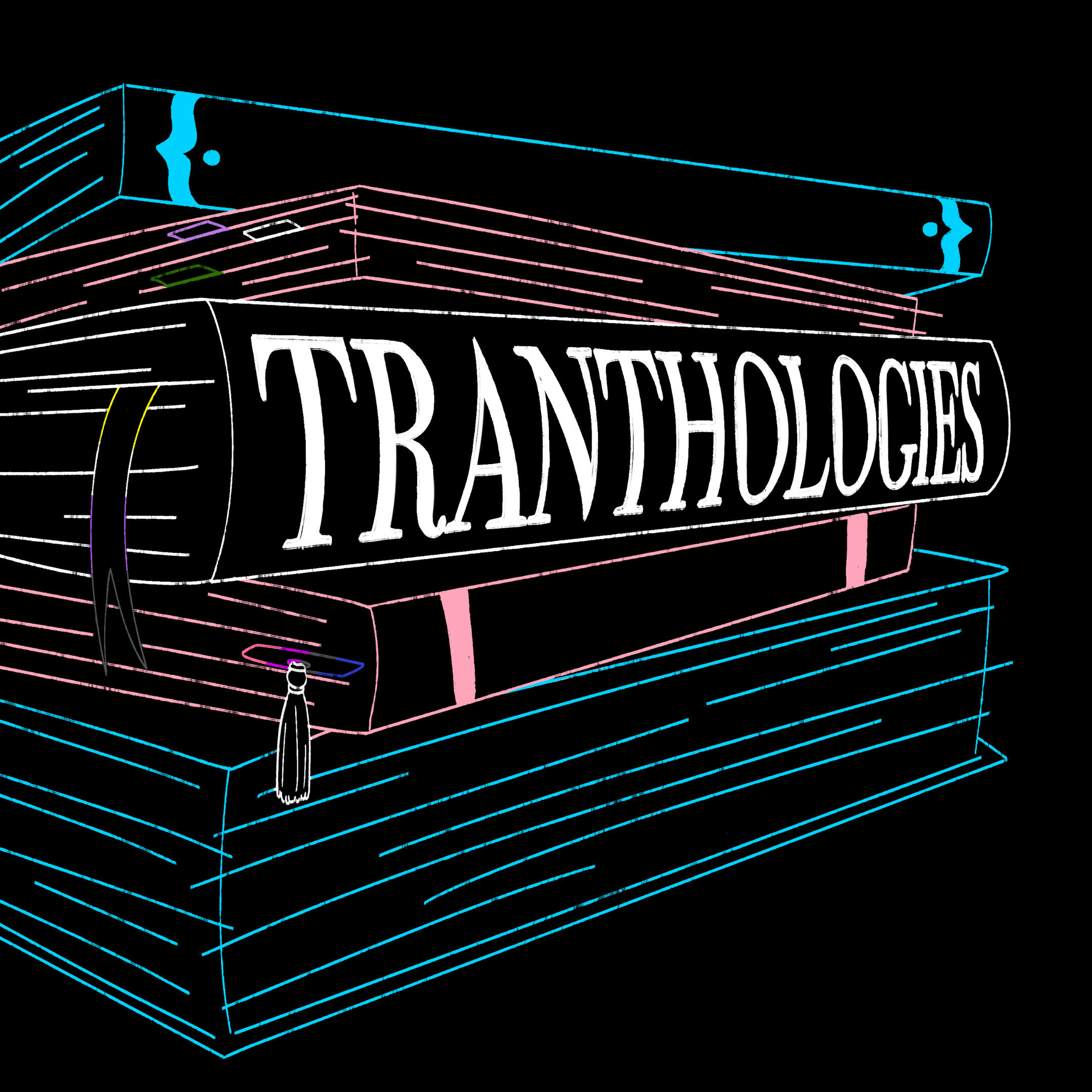 A stack of books in blue, pink and white - the trans colours. Across one of the books, it says "TRANTHOLOGIES" in large, white text. Some of the books have bookmarks in the colours of different pride flags.